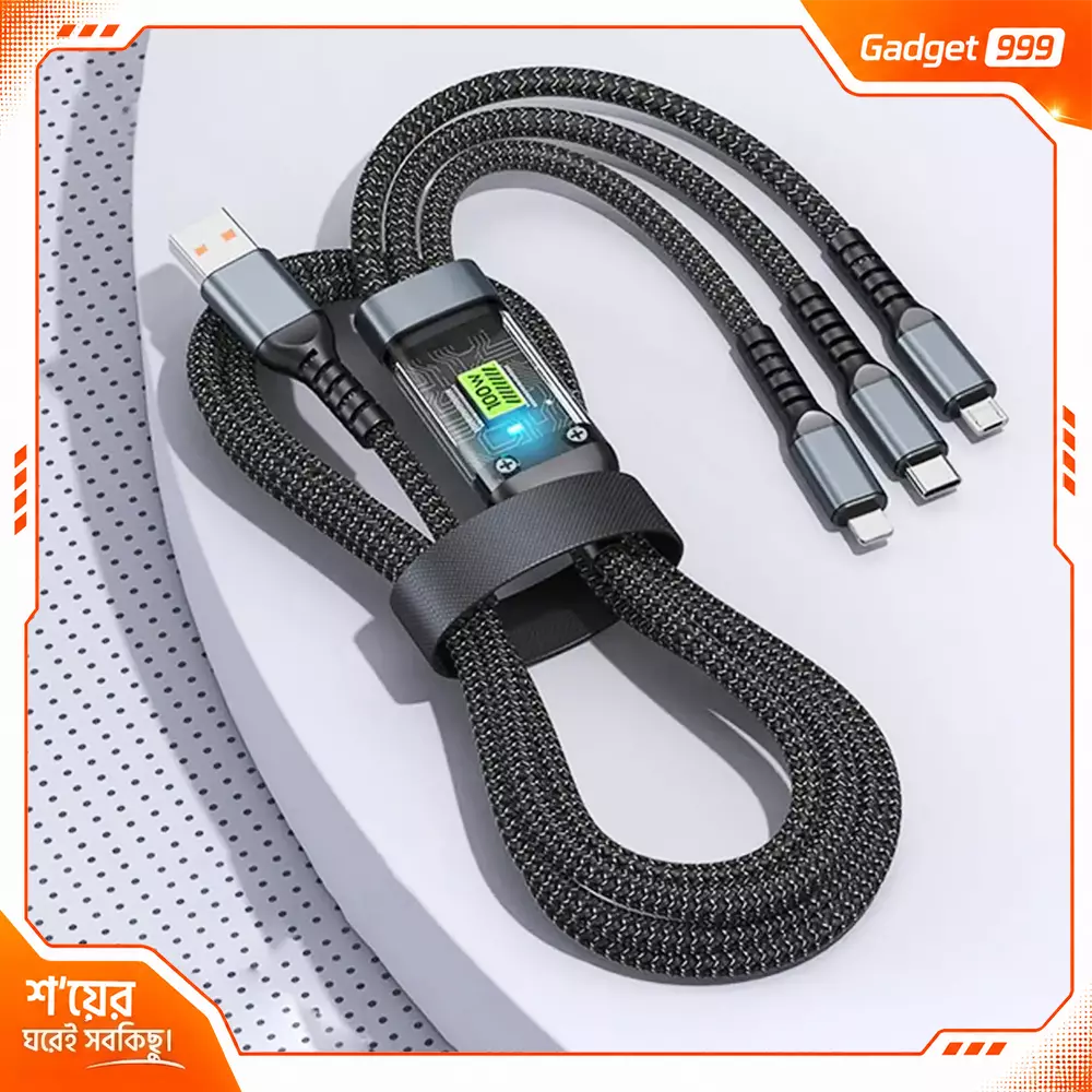 Geoo Plus 3-in-1 চার্জিং ক্যাবল (টাইপ-সি, মাইক্রো ইউএসবি এবং আইফোন লাইটনিং)