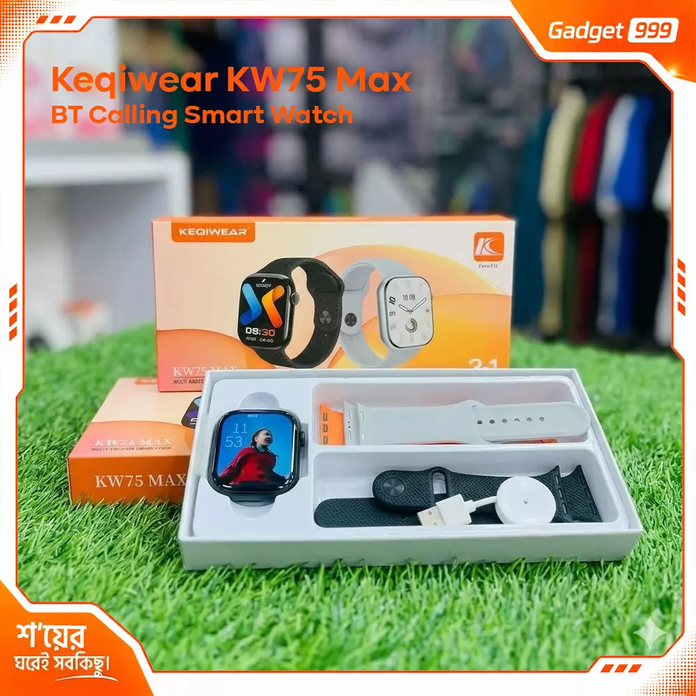 Keqiwear KW75 MAX ব্লুটুথ কলিং স্মার্টওয়াচ (৩টি স্ট্র্যাপসহ) – প্রিমিয়াম স্মার্টওয়াচ