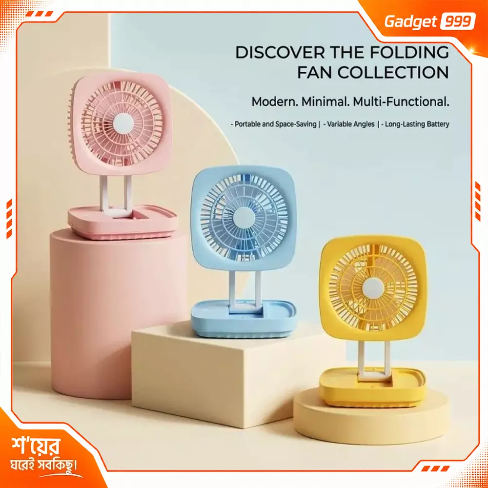 Rechargeable Folding Desk Fan with LED Light Strong Airflow for Home Office Travel
