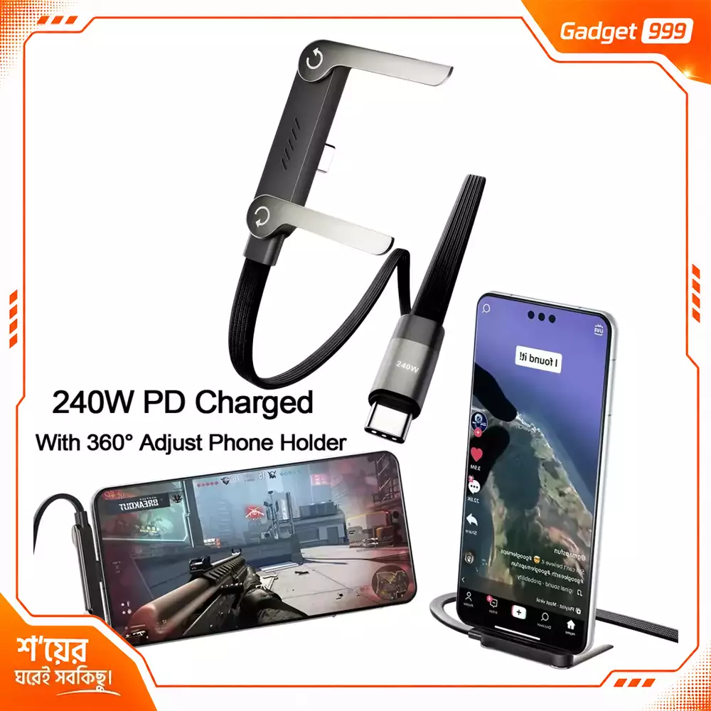 Type-C 240W Fast Charging Cable with Foldable Phone Stand 3-in-1